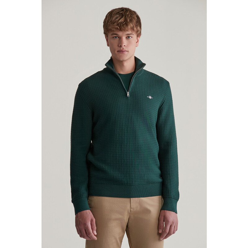 SVETR GANT COTTON TEXTURED HALF ZIP TARTAN GREEN