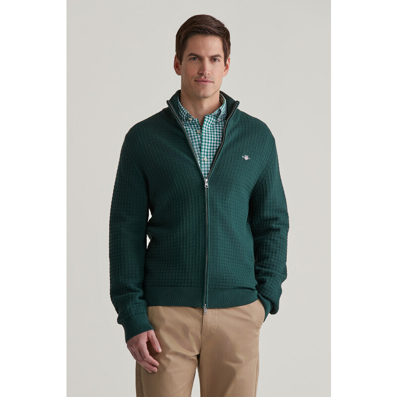 KARDIGAN GANT COTTON TEXTURED ZIP CARDIGAN TARTAN GREEN