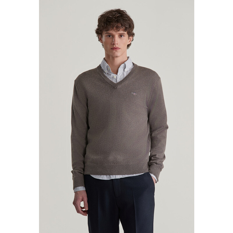 SVETR GANT CTN/WO V-NECK DARK HAZELNUT MELANGE