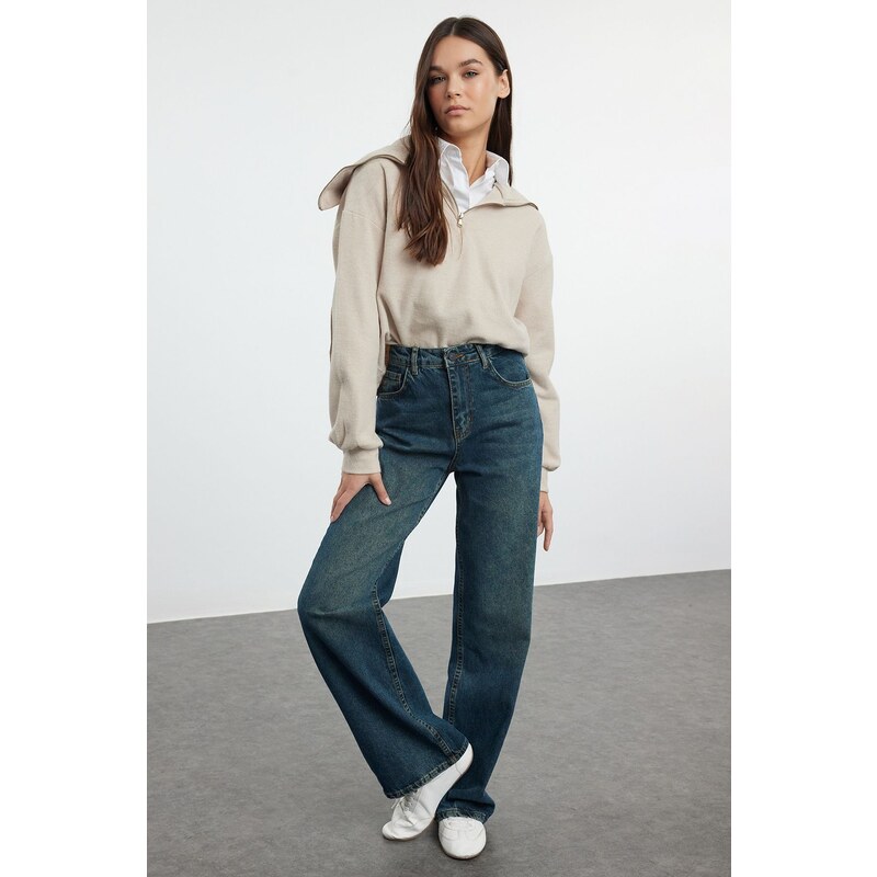 Trendyol Navy Blue High Waist Wide Leg Jeans