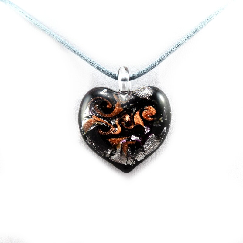 Murano Náhrdelník skleněné srdce - kombinace barev - černá, stříbrná, bronz - Passione