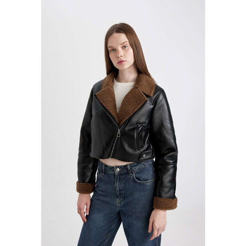 DEFACTO Regular Fit Polo Collar Faux Für Lined Coat