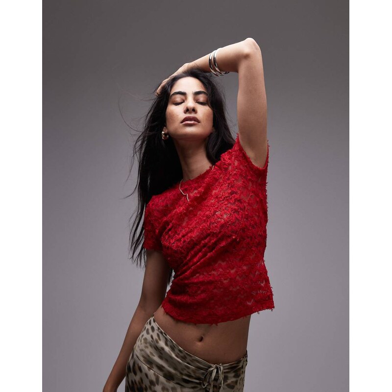 Topshop textured lace tee in red
