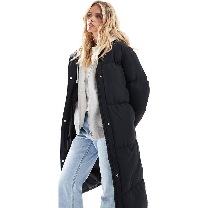 Threadbare Petite maxi puffer coat with hood in black 115509780