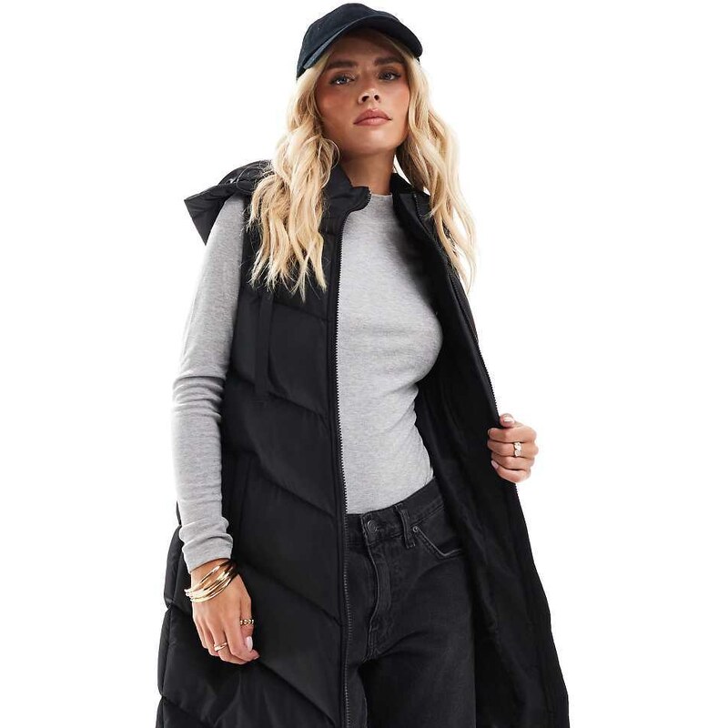 Threadbare Petite longline padded gilet with hood in black 115524637