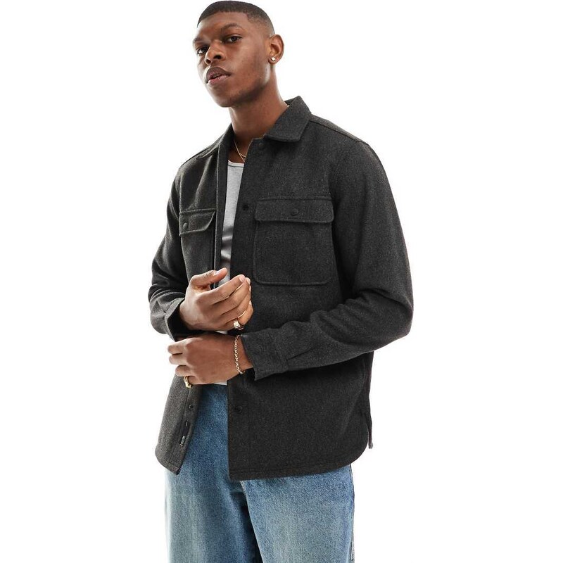 ONLY & SONS wool look overshirt in charcoal-Black