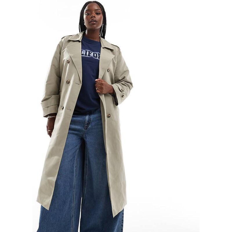 Vero Moda Curve longline belted trench coat in stone-Neutral