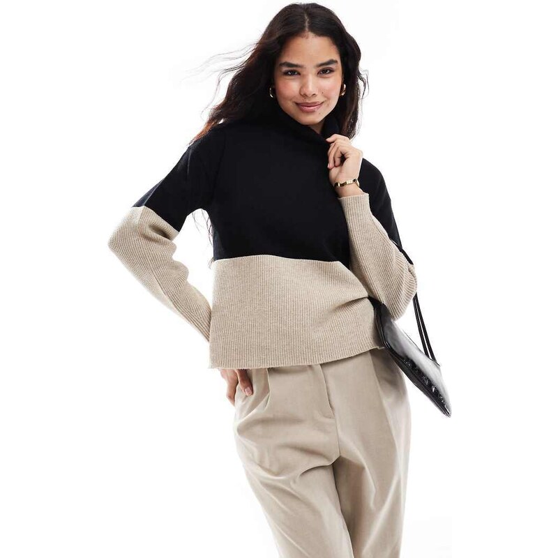 Vila high neck colourblock jumper in black and neutral