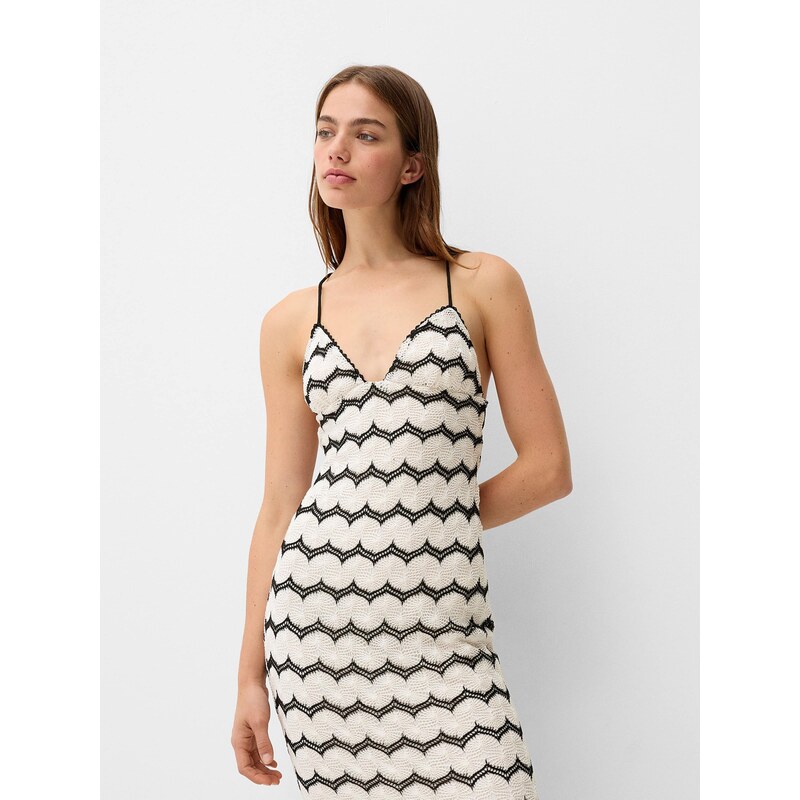 Bershka Úpletové šaty černá / offwhite