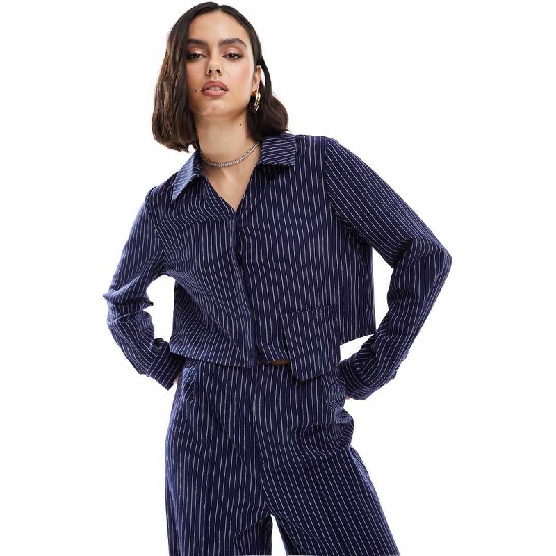 Extro & Vert button front collared shirt in navy pinstripe co-ord 115718541