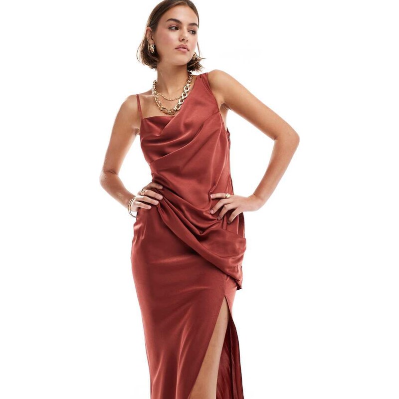 ASOS DESIGN satin asymmetric shoulder drape bodice maxi dress
