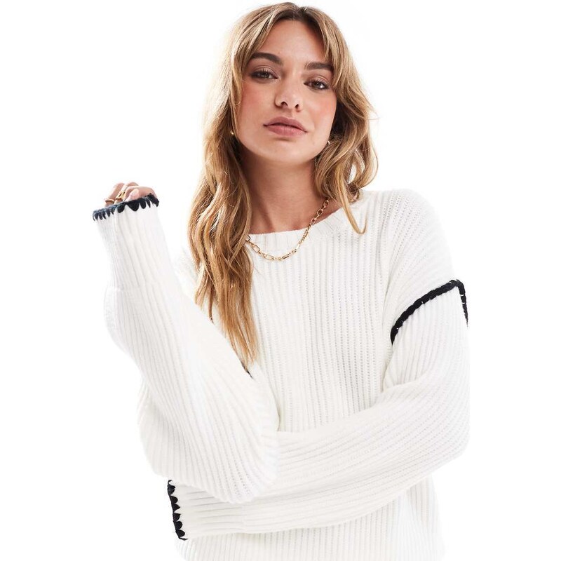 4th & Reckless contrast stitch dropped shoulder jumper in cream-White 98123076