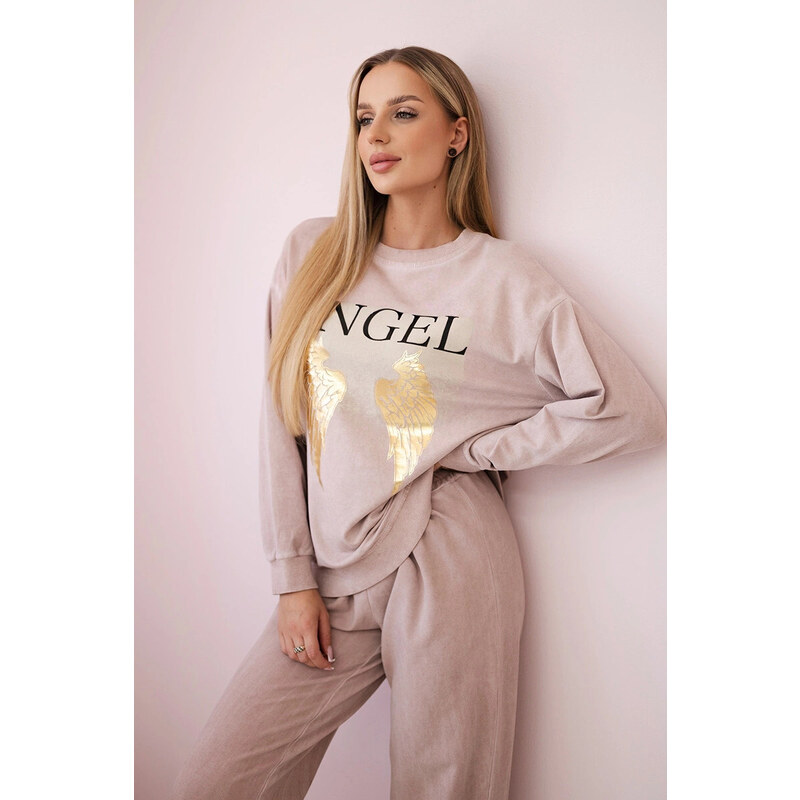 K-Fashion Bavlněný komplet Angel teplákové + kalhoty pudrově