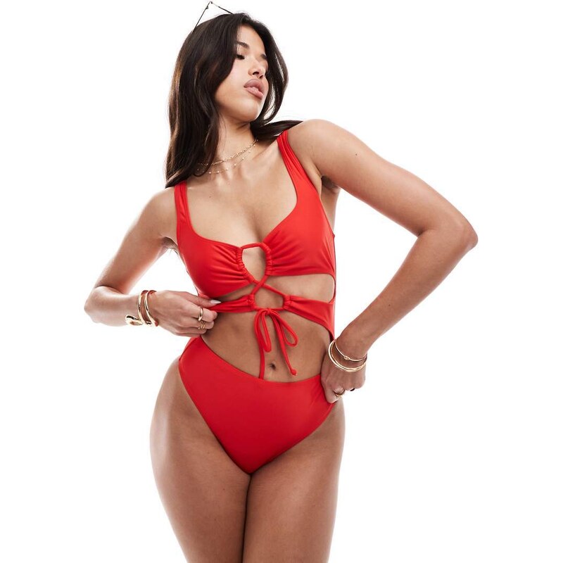 South Beach essentials cut out front tie swimsuit in red 112950966