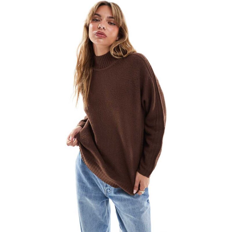 Threadbare high neck oversized jumper in dark brown