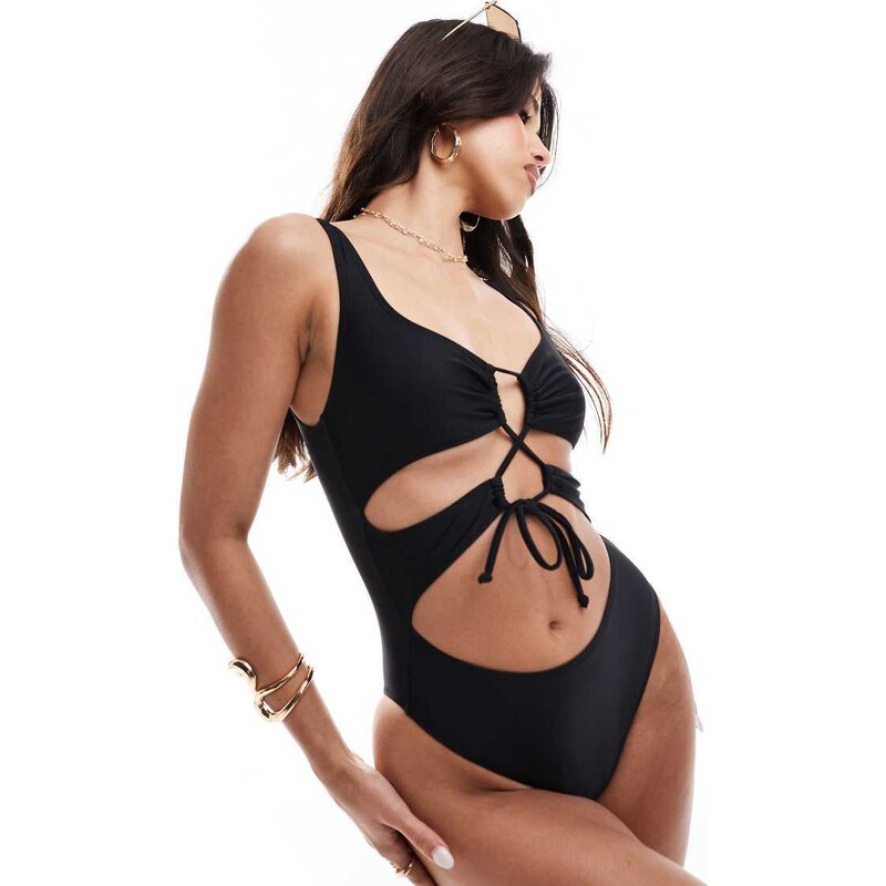 South Beach essentials cut out front tie swimsuit in black 112655357