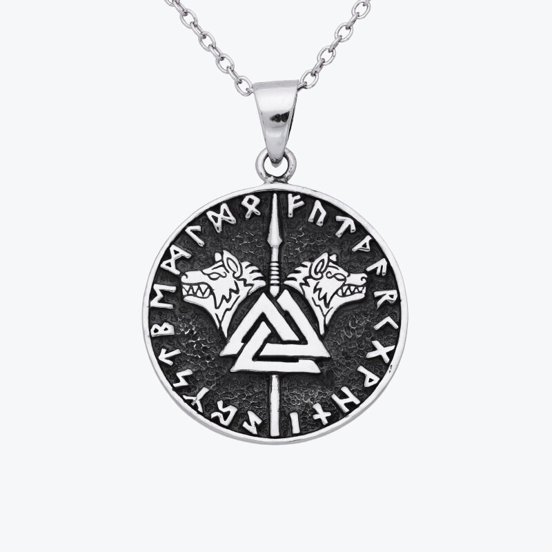 Estemia Stříbrný řetízek valknut, vlci, kopí Gungnir a runy -