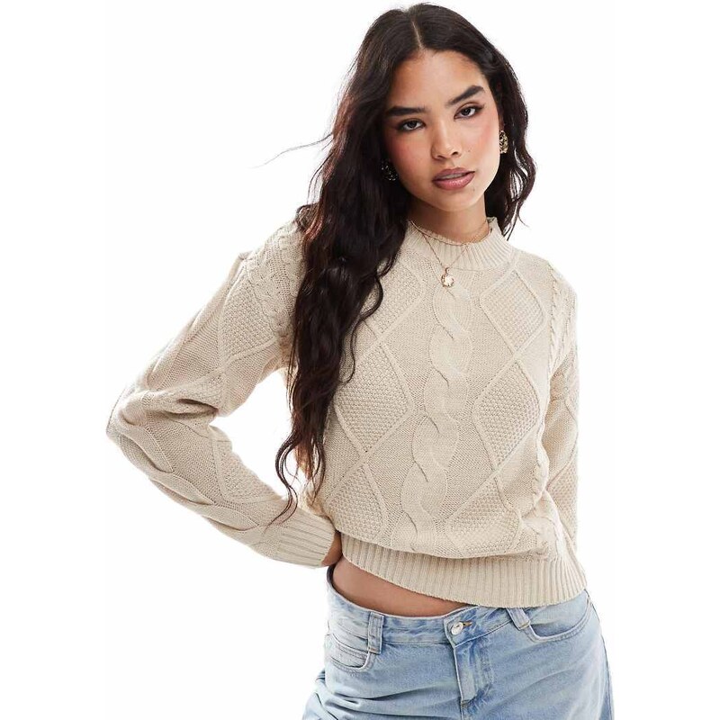 Vila round neck cable knit jumper in cream-Neutral 100137119