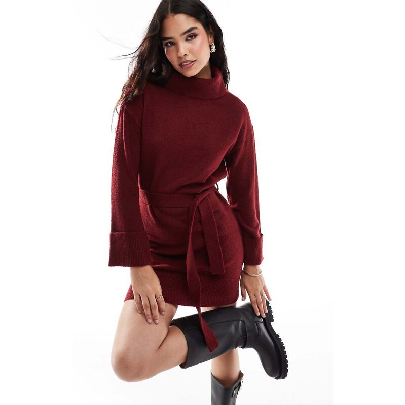 Vila roll neck mini jumper dress with tie waist in red