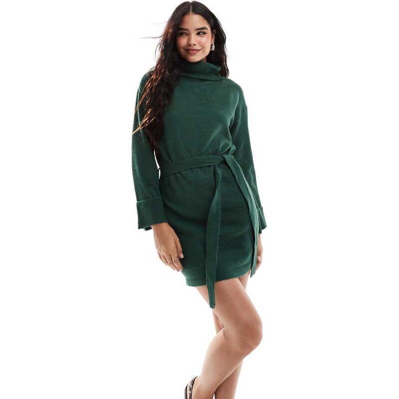 Vila roll neck mini jumper dress with tie waist in green 103494585