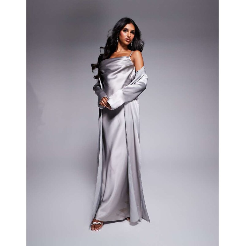 ASOS LUXE co-ord satin slip duster in Silver 98596118