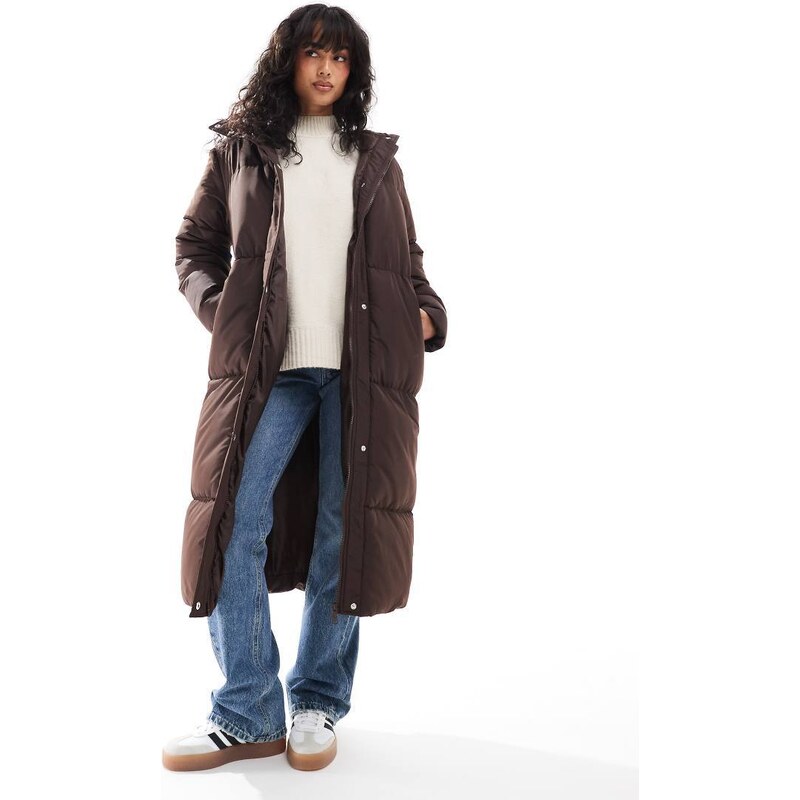 Threadbare maxi puffer coat with hood in brown 115509782