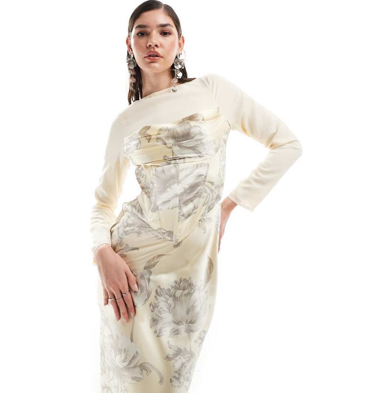 ASOS DESIGN cowl corset overlay satin chiffon mix maxi dress in 100116069
