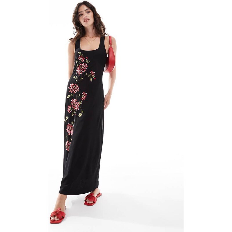 ASOS DESIGN mesh racer midi dress with floral embroidery in black 100121859