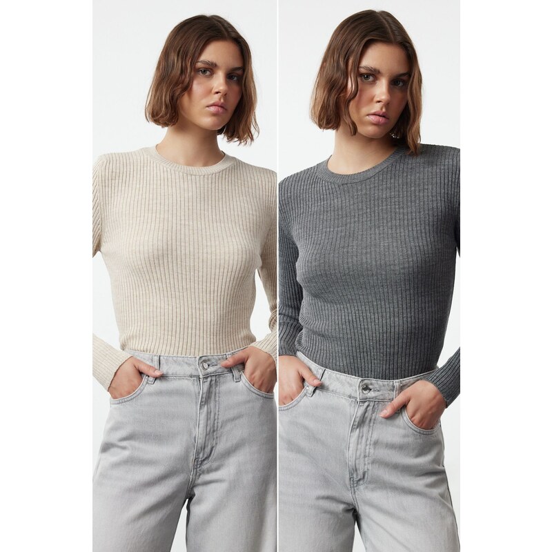 Trendyol Anthracite-Beige Double Pack Knitwear Sweater 107079349