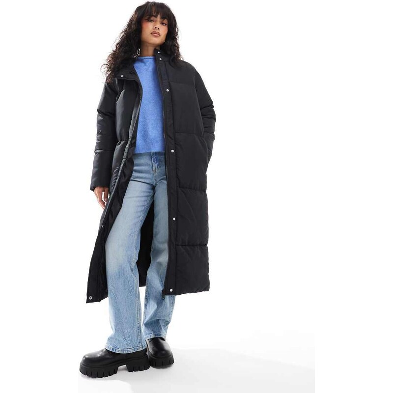 Threadbare maxi puffer coat with hood in black