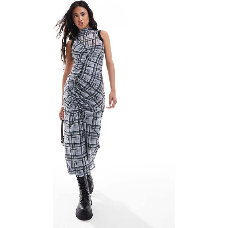 ASOS DESIGN ruched front seam detail mesh midi dress in grey check 100126611