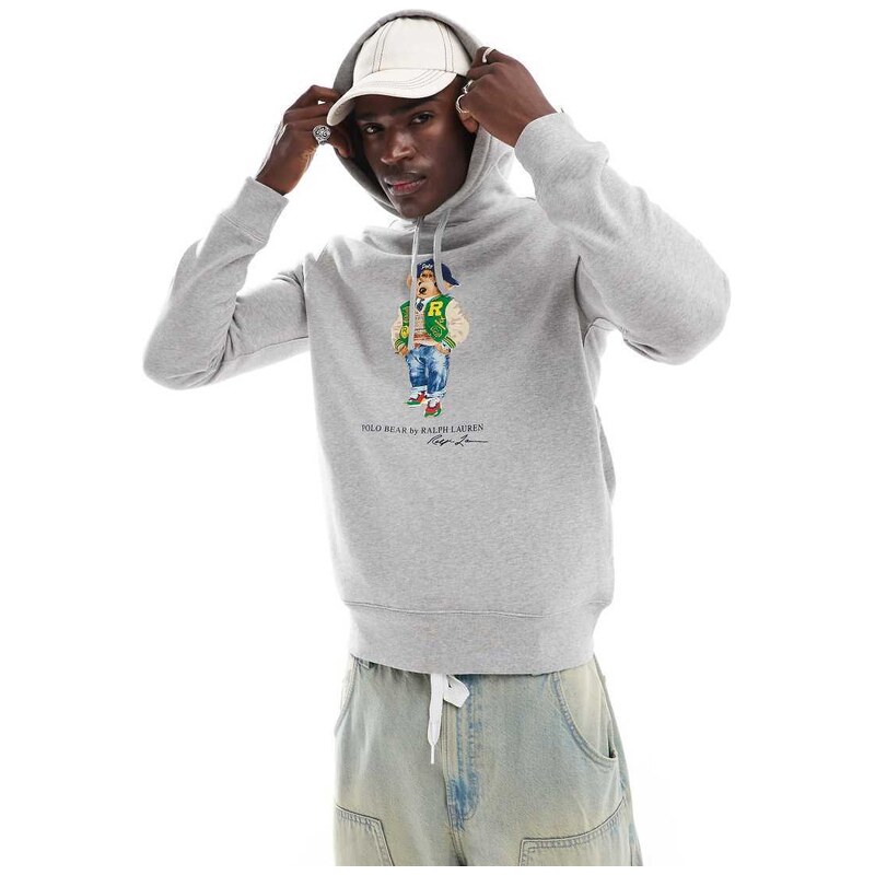 Polo Ralph Lauren varsity bear print fleece hoodie in grey marl