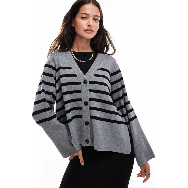 Object button through knitted cardigan in grey with black stripe-Multi 115509901