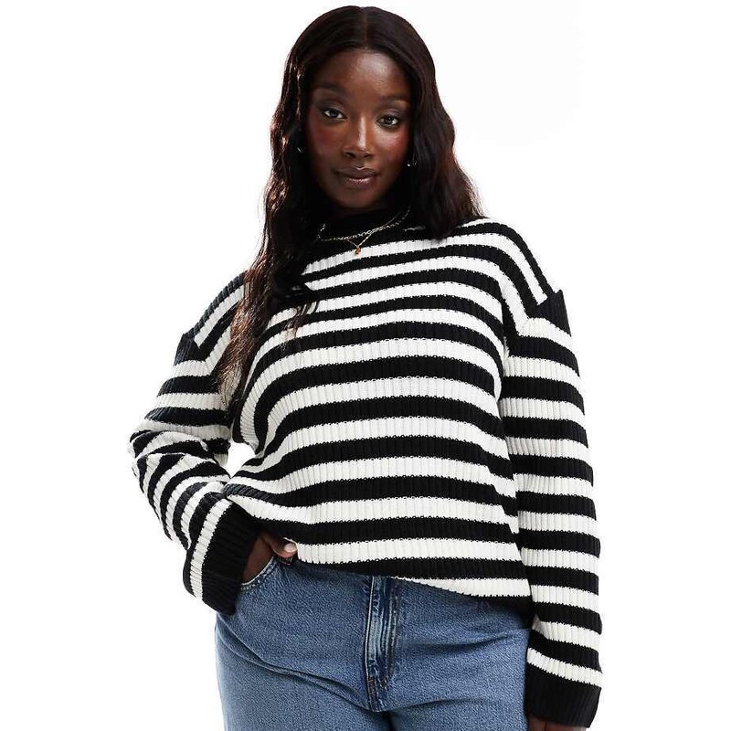 Threadbare Plus high neck oversized jumper in monochrome stripe-Black 115740572