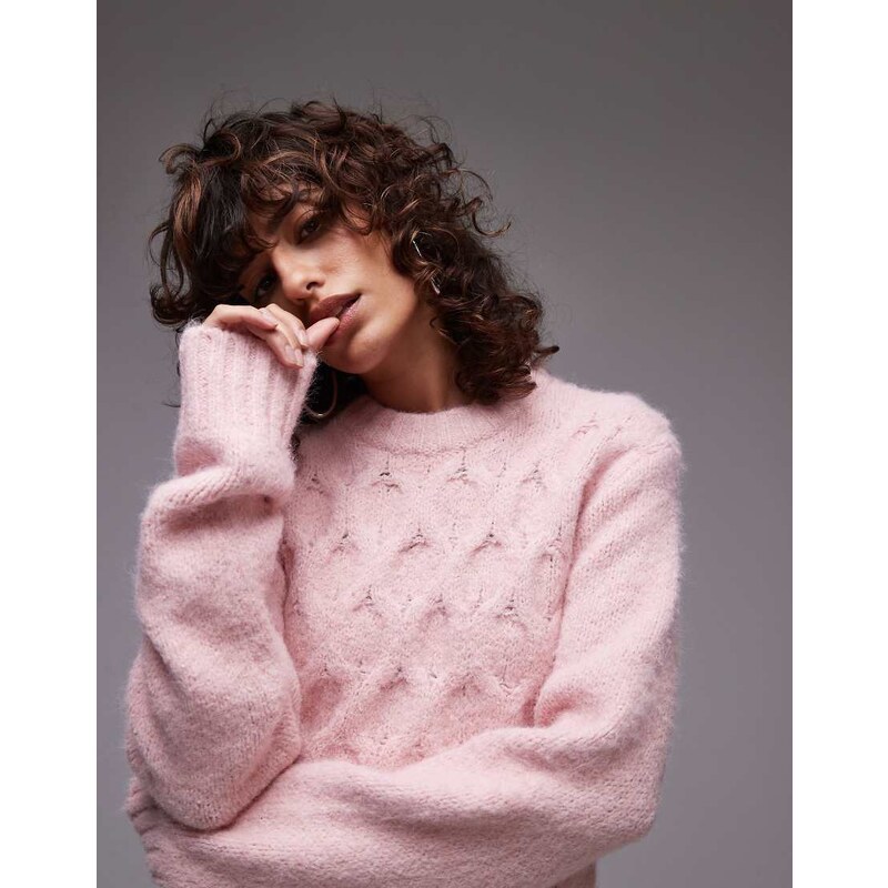 Topshop knitted cable stitch jumper in light pink 100092512