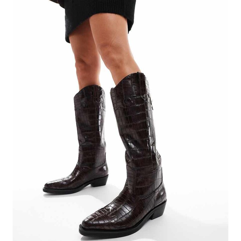 Public Desire Wide Fit Apollop western knee boots in brown croc 100119637