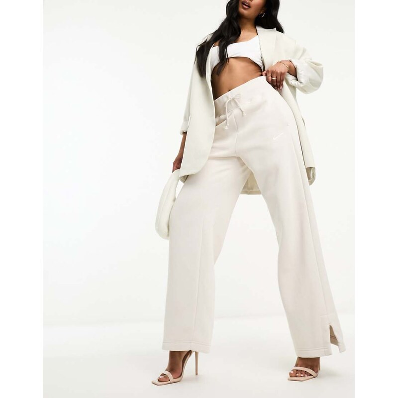 Nike Phoenix Fleece high-waisted wide leg joggers in brown-White