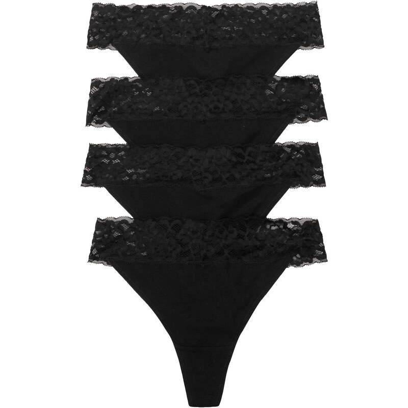 bonprix Kalhotky tanga s bavlnou (4 ks) černá Žena 73486243