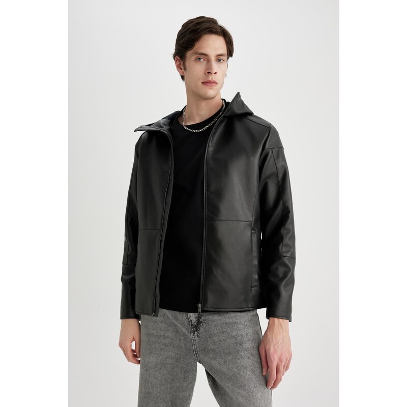 DEFACTO Slim Fit Faux Leather Jacket Coat Slim Cut Hooded