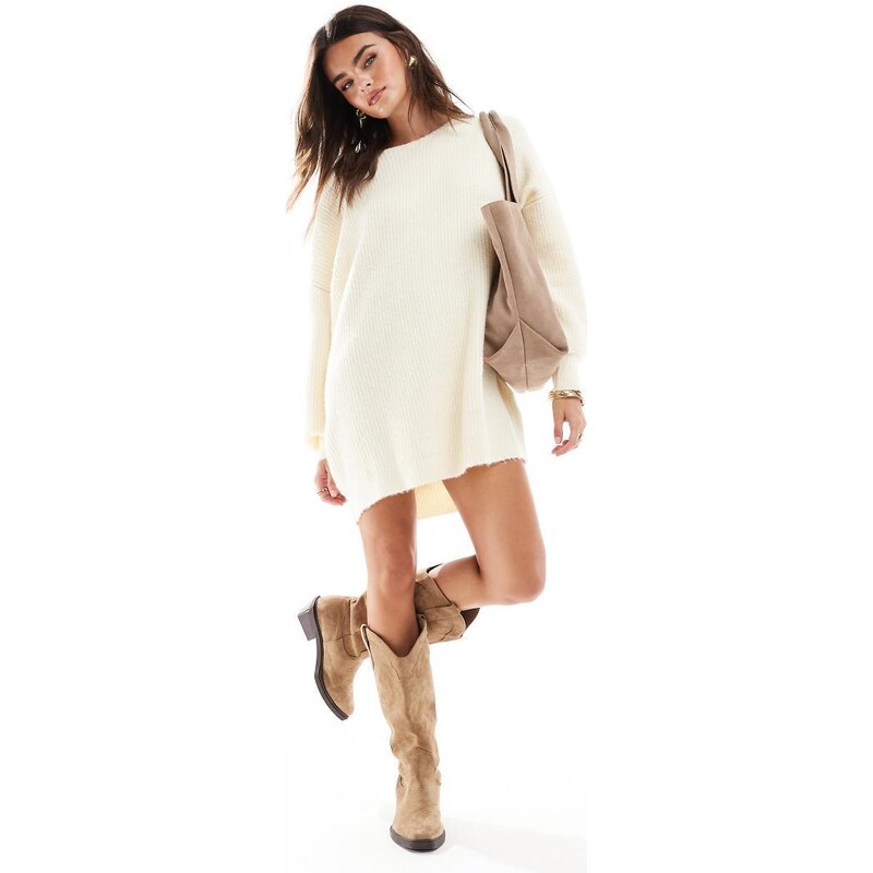 Miss Selfridge slash neck oversized knit mini dress in cream-White 103494652