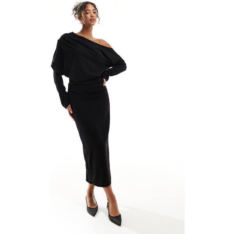 ASOS DESIGN slouchy fallen shoulder midi dress in black 100105936
