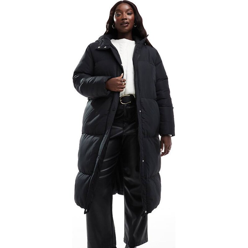 Threadbare Plus maxi puffer coat with hood in black 115509781