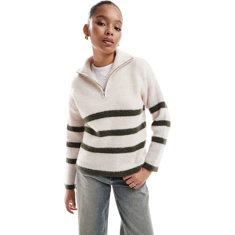 Selected half zip knitted merino wool blend stripe jumper in cream 109727868