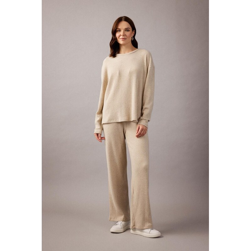 DEFACTO Ribbed Camisole Trousers Flayer Fit Elastic Waist