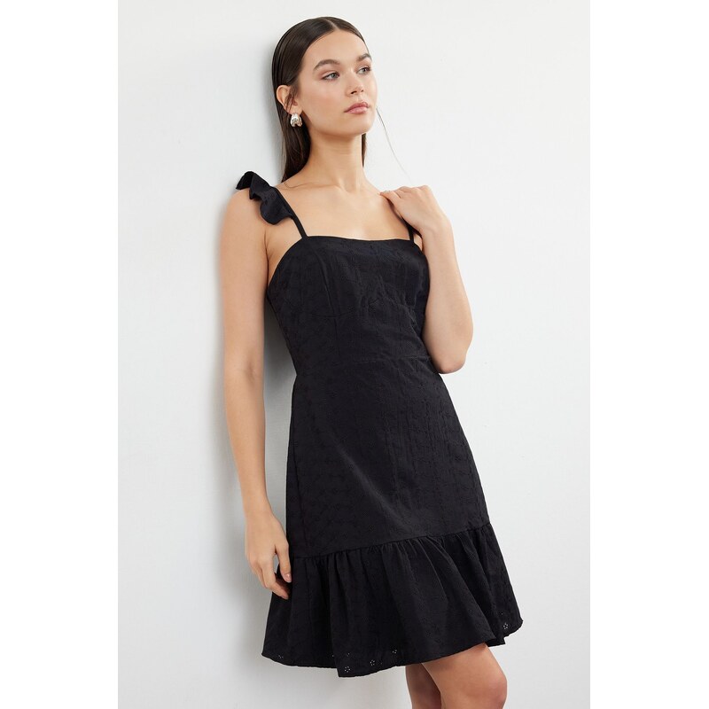 Trendyol Black Plain A-Line Mini Lined Embroidery Ruffle Detailed 115740453
