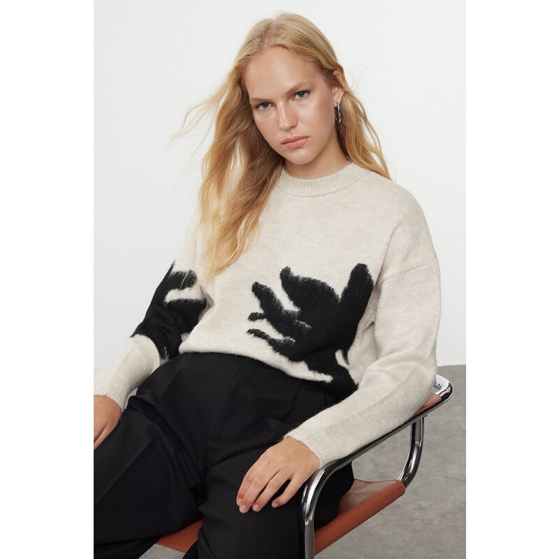 Trendyol Stone Soft Texture Stand Collar Color Block Knitwear Sweater 107080424