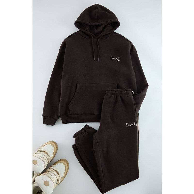 Trendyol Brown Oversize/Wide Cut Hooded Embroidered Inside Polar