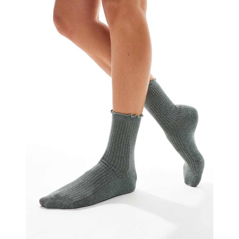 Vero Moda glitter sock with frill edge in khaki-Green