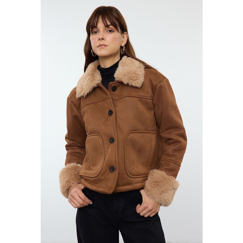 Trendyol Brown Regular Fit Plush Detailed Suede Coat 107080253