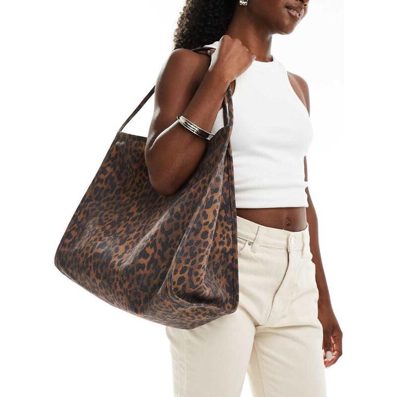 ASOS DESIGN tubular handle canvas tote bag in brown leopard